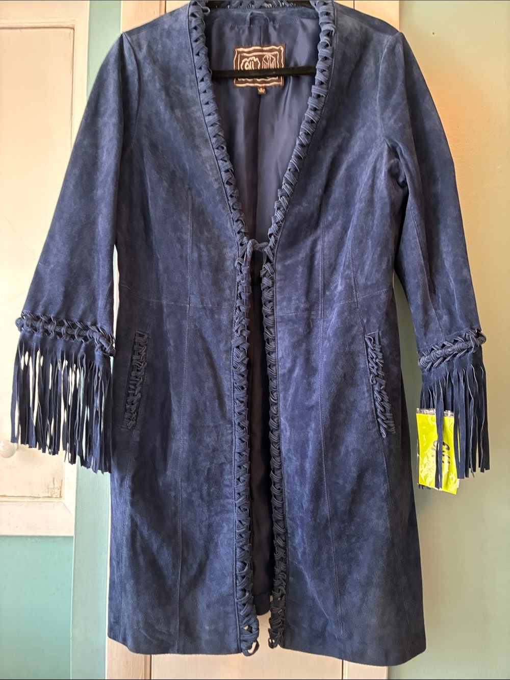 Vintage Chi by Carlos Falchi Blue Suede Duster Midi Coat Jacket Boho Artwear